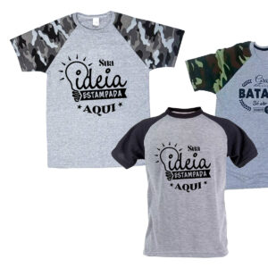 Camiseta Raglan Cinza Mescla com Manga Camuflada Personalizada